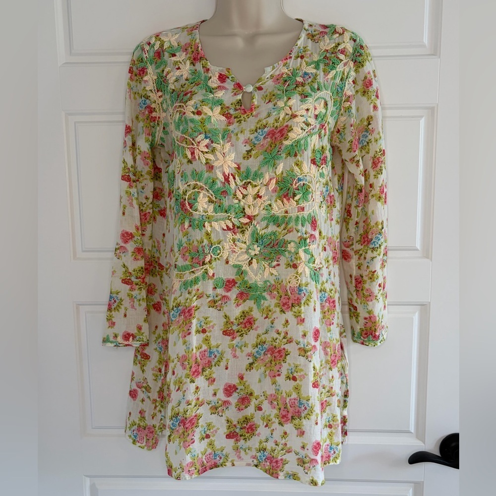 Cottagecore 100% Cotton Embroidered Floral Embroidered Tunic Top Swim Cover Up S